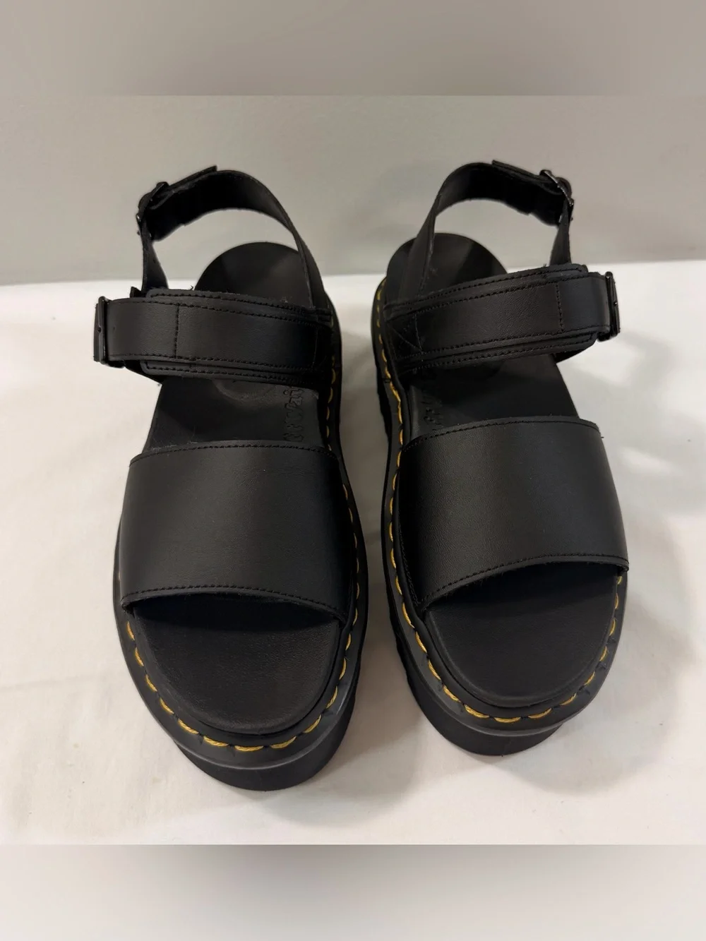Dr. Martens Black Leather Platform Women’s Sandals with Yellow Stitching